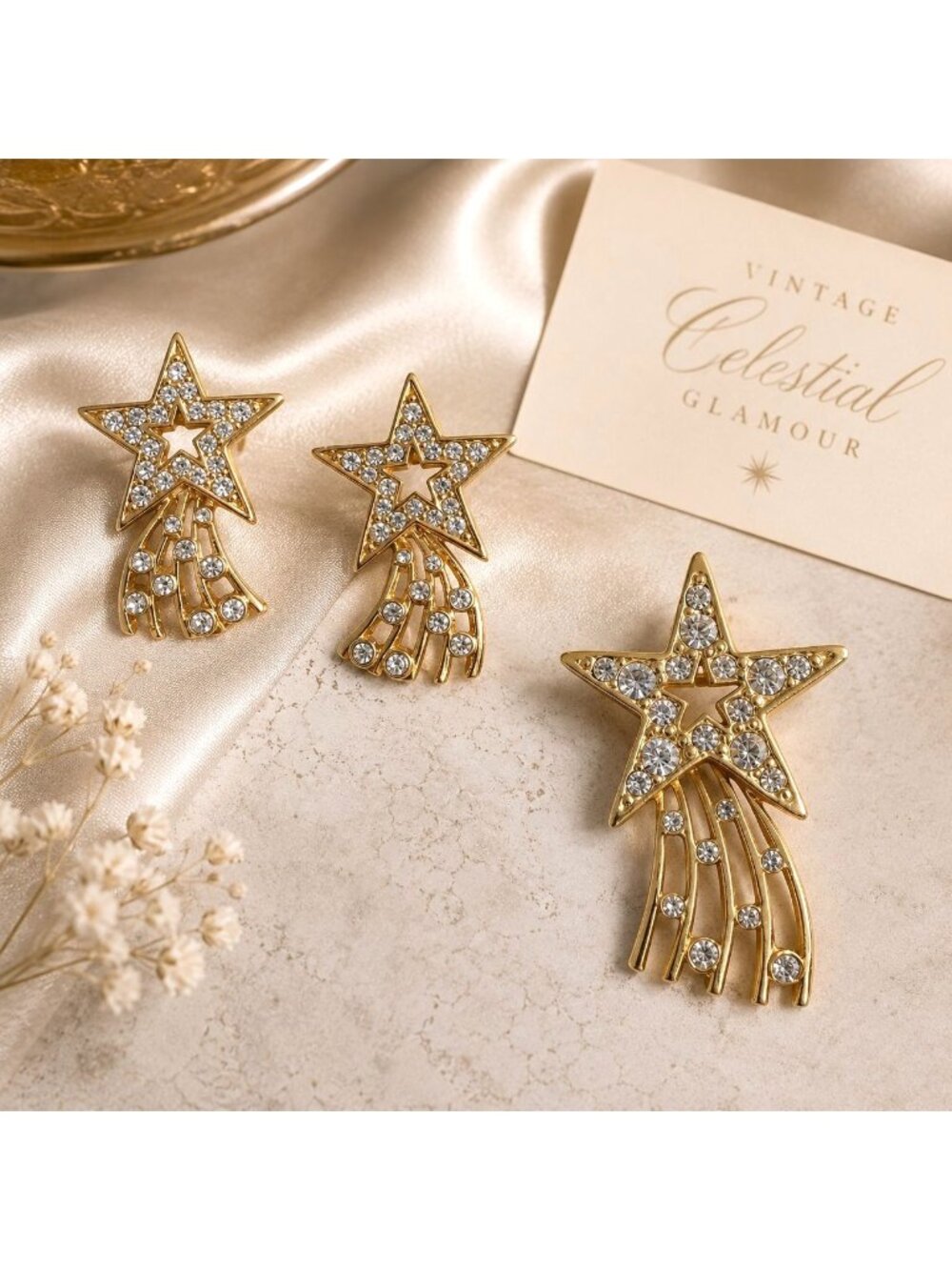 Vintage Shooting Star Brooch Earrings Set Gold Tone Rhinestone Celestial Jewelry
